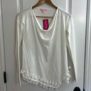(NWT) Lilly Pulitzer Ferrera Asymmetrical Tassel White Sweater XS